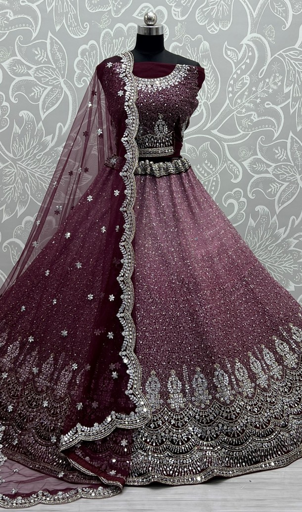 Bollywood Design Of Net Bridal Lehenga Choli In Purple